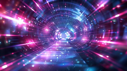 Obraz premium Futuristic Tunnel with Neon Lights - Abstract Digital Art Background with Vibrant Colors and Light Beams