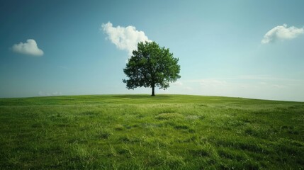 Obraz premium A wide-angle view of a grass field with a single tree standing tall in the middle, symbolizing solitude.