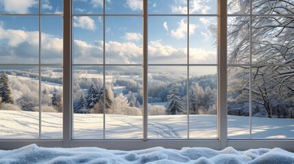 A window with a view of a snow-covered landscape, creating a cozy and wintry atmosphere indoors.