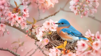 A Bluebird Nestled in a Springtime Blossom