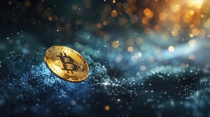 An abstract digital coin floating in space, representing cryptocurrency and digital assets.