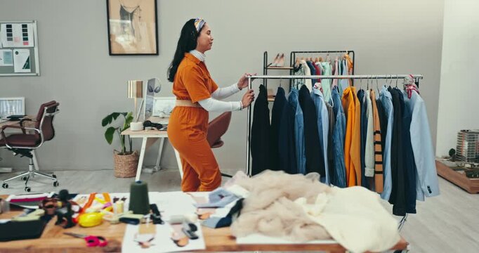 Small business, startup and woman with fashion rail in boutique for clothes, display or stock setup. Supply chain, startup or lady retail store owner at mall for outfit selection, wardrobe or storage