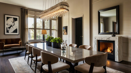Elegant family room designed with classic charm, enhanced by a large chandelier that adds sophistication and warmth.