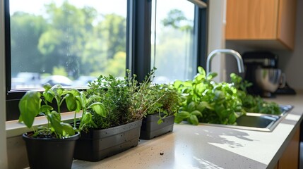 Fototapeta premium An office kitchen with a windowsill herb garden, providing fresh herbs for employees to use in their meals.