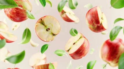 Crisp apple halves levitating with green leaves, isolated on a transparent background, emphasizing their fresh, organic appeal and health benefits.