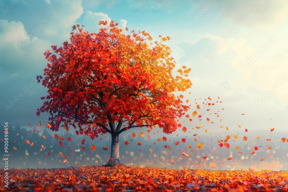 Poster a tree with red leaves is blowing in the wind. the leaves are scattered all around the tree, creatin