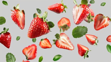 Luscious strawberries sliced in half, suspended in the air with green leaves, isolated on a transparent background, illustrating their fresh, organic appeal and rich nutrients.