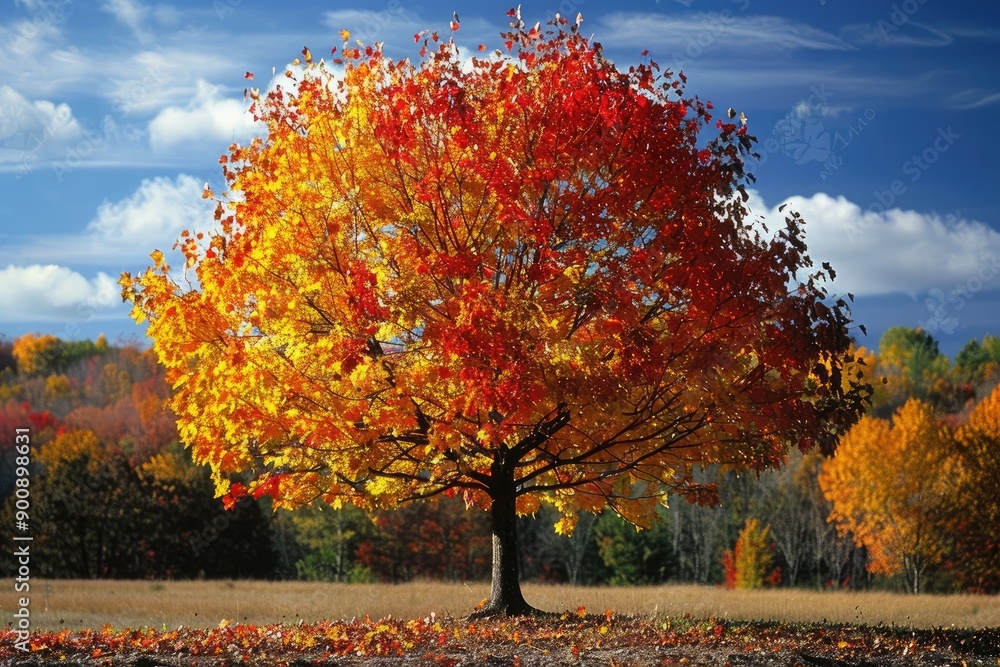 Aufkleber a large tree with orange and yellow leaves is in a field. the leaves are falling from the tree, crea