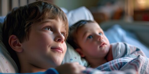 Two children lying on a bed, having fun and relaxed