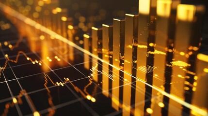 A 3D rendering of a financial growth chart with gold bars, illustrating wealth growth.