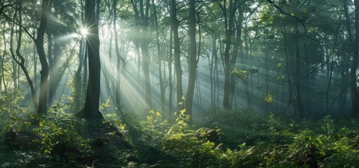 Obraz premium A ray of morning sunlight penetrates between the forest trees