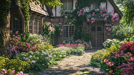 Obraz premium A beautiful array of blooming roses and lilies in a front garden, creating a vibrant and welcoming entrance to a cottage-style home.