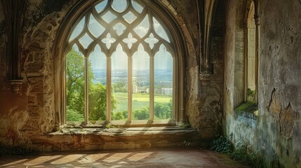Fototapeta premium A beautifully arched window in an old stone building, with intricate detailing and a view of the countryside.