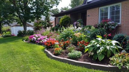 Obraz premium A beautifully landscaped front yard garden, with a mix of flowers, shrubs, and a neatly trimmed lawn.