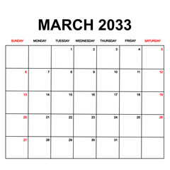 march 2033. Calendar with holydays or red dates. monthly calendar design with week starts on sunday. printable, simple, and clean vector design isolated on white background.