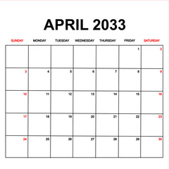 april 2033. Calendar with holydays or red dates. monthly calendar design with week starts on sunday. printable, simple, and clean vector design isolated on white background.
