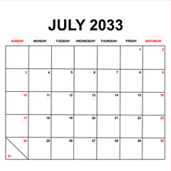 july 2033. Calendar with holydays or red dates. monthly calendar design with week starts on sunday. printable, simple, and clean vector design isolated on white background.