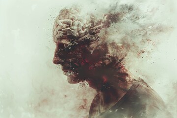 Fototapeta premium Abstract rendering of a head dissolving into particles symbolizing thought dispersion and memory fading in a minimalist and modern style