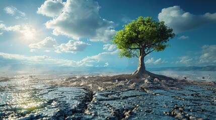 A Sturdy Green Tree Stands Alone Amidst a Cracked Dry Landscape Under a Bright Blue Sky. Generative AI