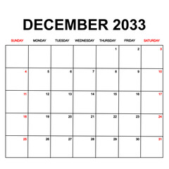 december 2033. Calendar with holydays or red dates. monthly calendar design with week starts on sunday. printable, simple, and clean vector design isolated on white background.