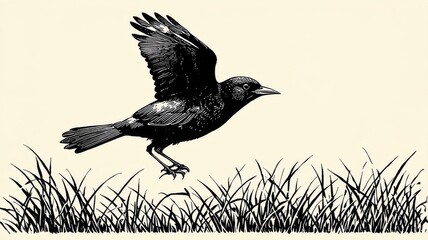 Detailed Black and White Illustration of a Bird in Flight Over Grass - Nature and Wildlife Art