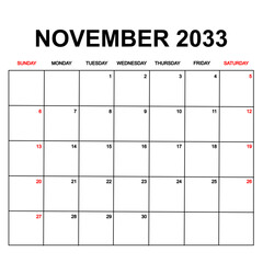 november 2033. Calendar with holydays or red dates. monthly calendar design with week starts on sunday. printable, simple, and clean vector design isolated on white background.