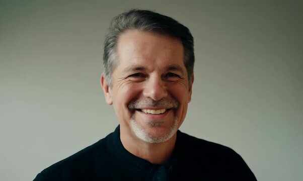 Medium shot portrait video of a pleased man in his 40s wearing a foulard against a minimalist or empty room background