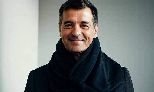 Medium shot portrait video of a pleased man in his 40s wearing a foulard against a minimalist or empty room background