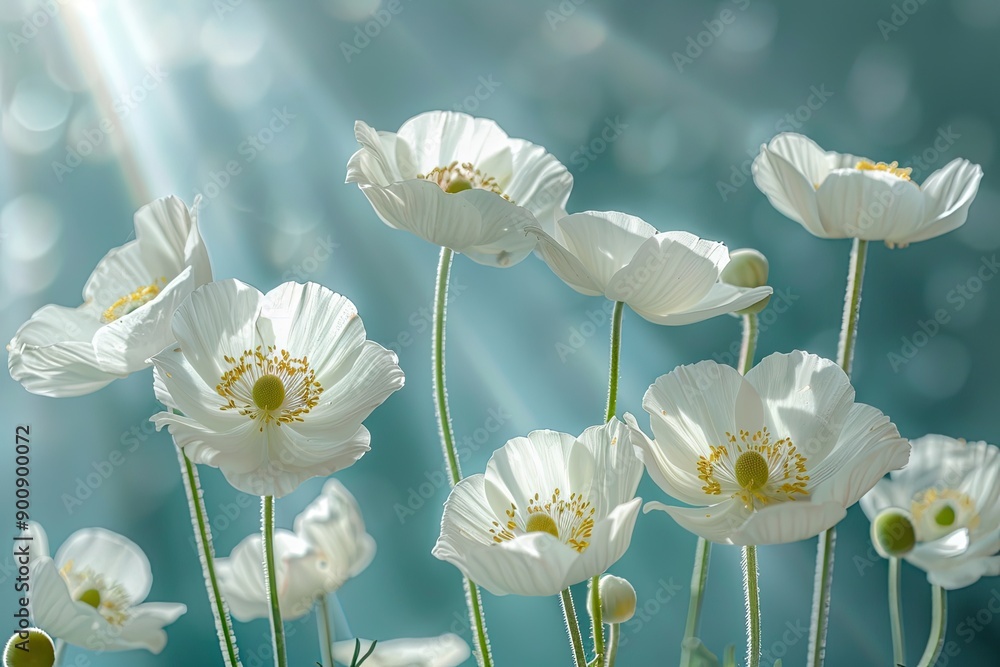 Poster a bunch of white flowers are in a field with a blue sky in the background. the flowers are arranged 