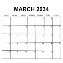 march 2034. Calendar with holydays or red dates. monthly calendar design with week starts on sunday. printable, simple, and clean vector design isolated on white background.
