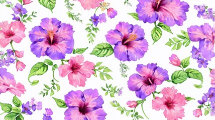 Vibrant Watercolor Hibiscus Floral Illustration on White Background, Decorative Pink and Purple Flowers with Green Leaves Pattern
