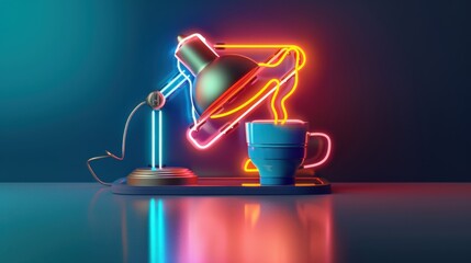 An 80 is themed neon sign depicting a lamp and a coffee cup, with bold lines and vivid colors, capturing the essence of the era in a clean vector illustration