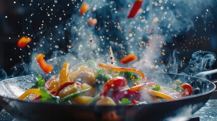 A wok filled with various vegetables, with steam rising from the top
