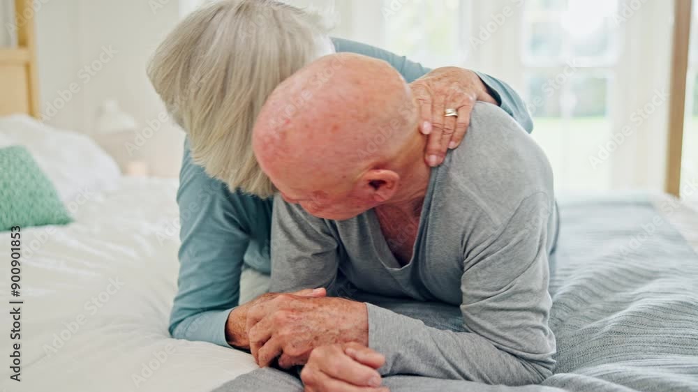 Canvas Prints Senior, hug and love of couple in bed, care and bond together in home. Embrace, happy elderly man and woman in bedroom for connection, support or healthy relationship, romance or relax in retirement