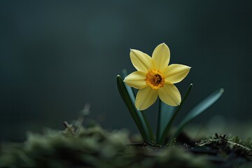 Obraz premium A yellow flower is on a mossy ground. The flower is small and delicate, and it stands out against the dark background. Concept of tranquility and beauty, as the flower is the focal point of the scene