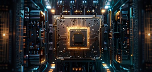Quantum Processor An advanced quantum processor with intricate designs and glowing components, representing cutting-edge computing technology.
