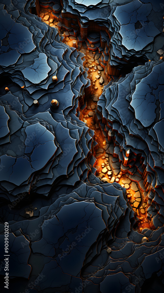 Poster abstract 3d digital art of a deep canyon with a glowing orange path at the bottom, surrounded by dar