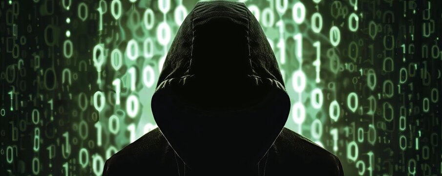 Silhouette of a hooded figure with a matrixlike background of binary code, suggesting internet security