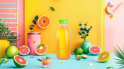 Obraz premium Vibrant Citrus Juice and Fresh Fruits Display