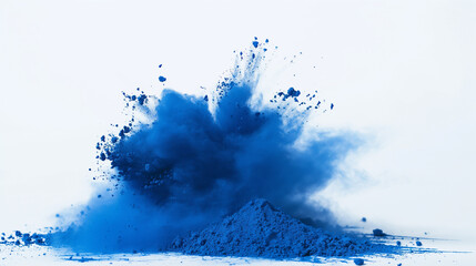 Obraz premium Vibrant Blue Powder Explosion Captured Against White Background During Creative Art Experiment