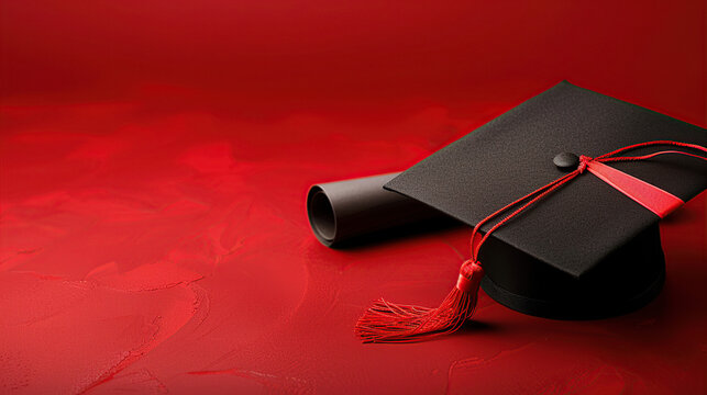 Black graduation cap and diploma on a red background