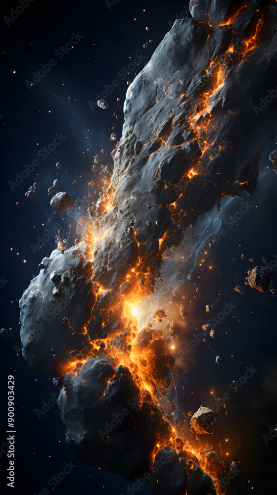 Poster a large asteroid explodes in space, spewing fiery debris and breaking apart into smaller pieces. the