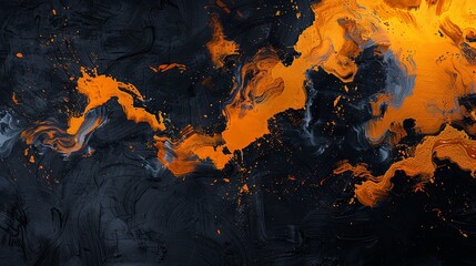 A painting of a black and orange swirl with splatters of paint