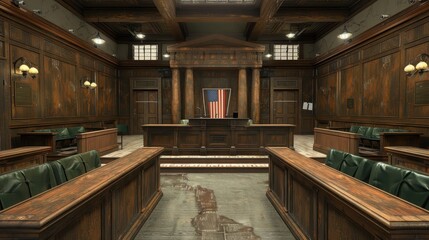 Grand Courtroom Interior with Wooden Panels and American Flag in the Background