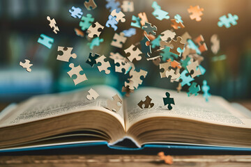 Conceptual image of dyslexia featuring a book with puzzle pieces flying out, symbolizing reading challenges and cognitive difficulties