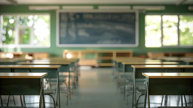 Blurred empty classroom in an elementary school or high school with desks and chairs