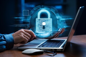 Cyber security, data protection concept. User using mobile phone and laptop computer with privacy security and data encryption system, secure internet access. Cybersecurity software protect technology