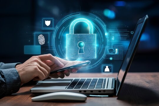 Cyber security, data protection concept. User using mobile phone and laptop computer with privacy security and data encryption system, secure internet access. Cybersecurity software technology protect