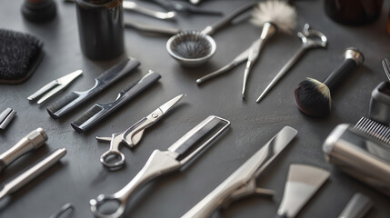Fototapeta premium arrangement of several hairdressing equipment such as combs, scissors and shavers. Shoot from above
