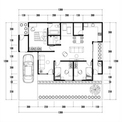 Floor plan blueprint type 96 sqm, Figure of the jotting sketch of the construction and the industrial skeleton of the structure and dimensions.